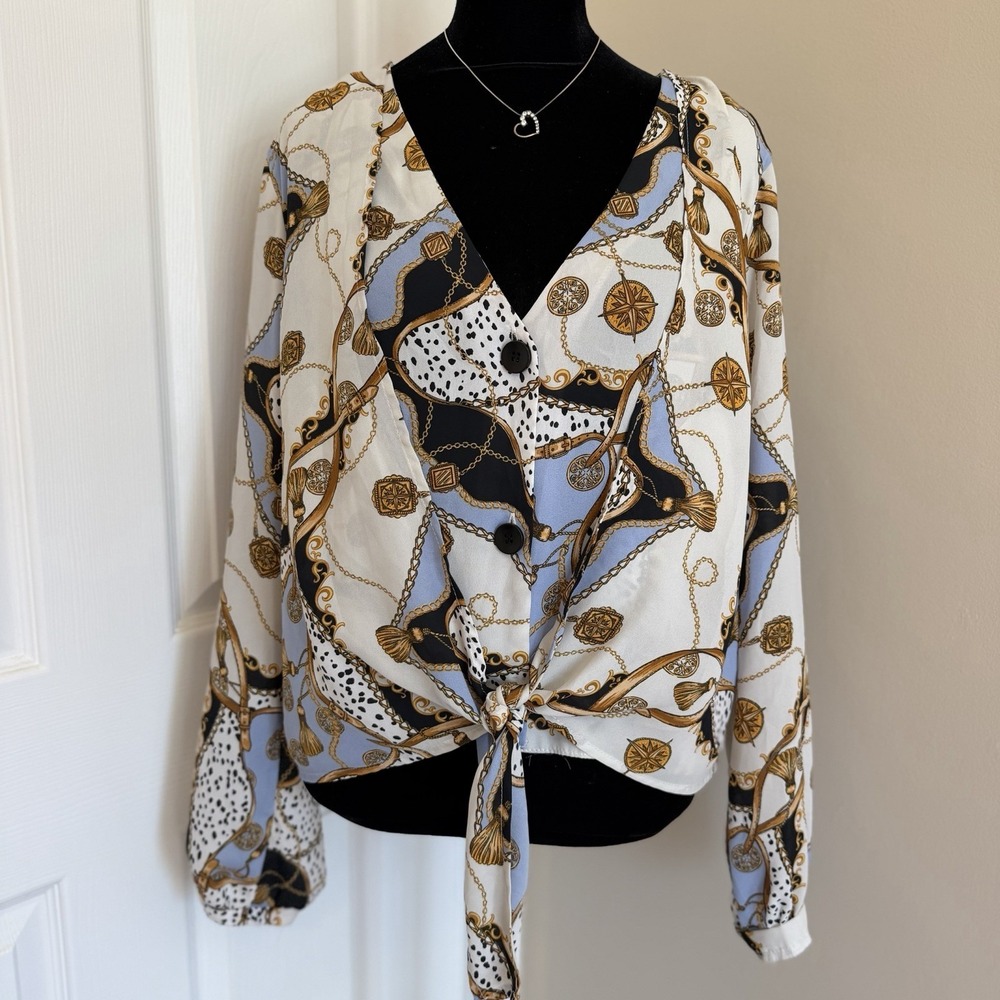 Primark Womens Chain Print Patchwork Wrap Shirt Blouse Sz 14 Career Artsy Office